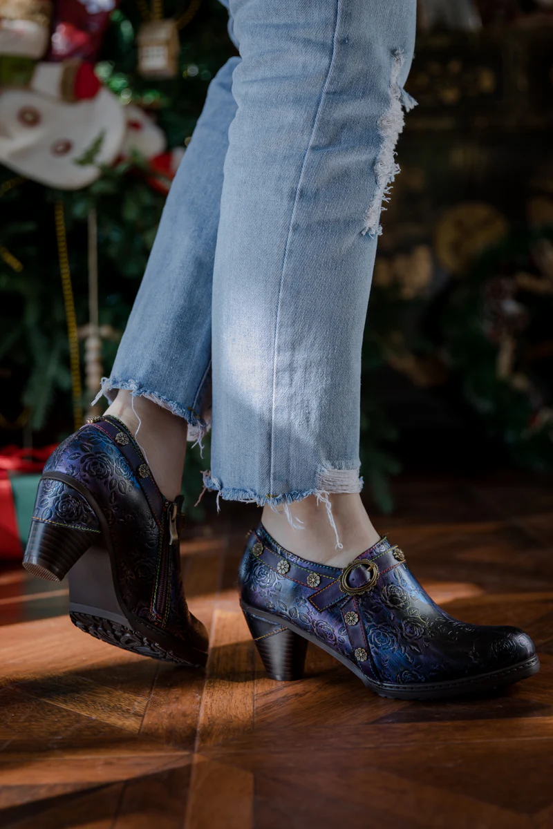 SOFFIA | FLORAL EMBOSSED BUCKLE UP LEATHER BOOTIE - PURPLE - Image 8