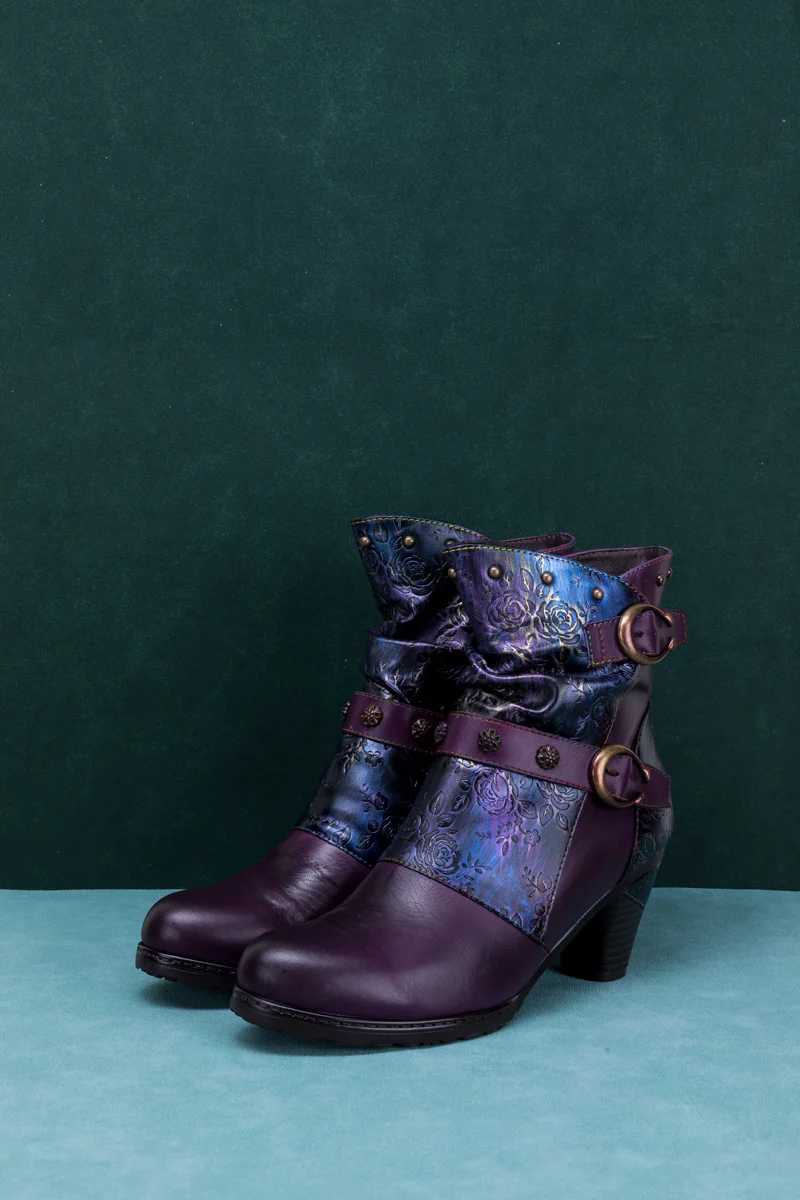SOFFIA | FLORAL EMBOSSED BUCKLE UP LEATHER BOOTIE - PURPLE - Image 9