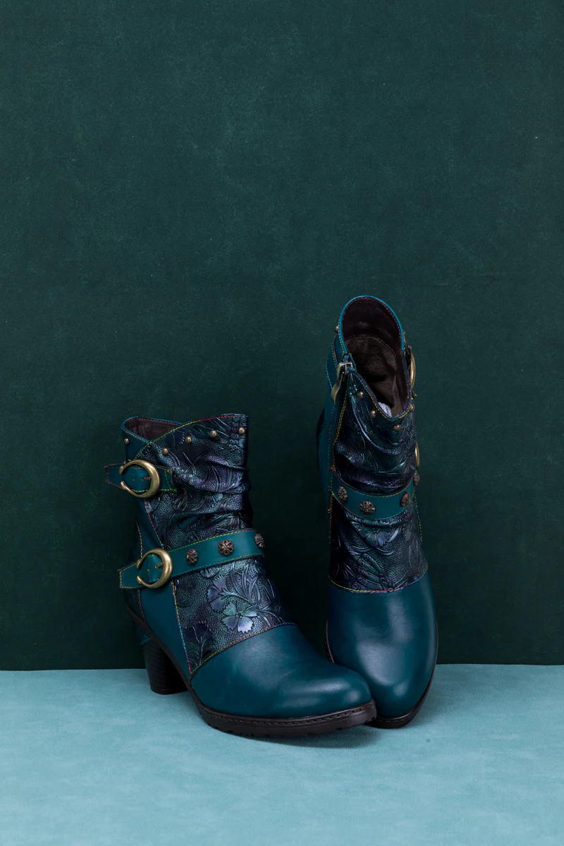 SOFFIA | FLORAL EMBOSSED BUCKLE UP LEATHER BOOTIE - TEAL - Image 10