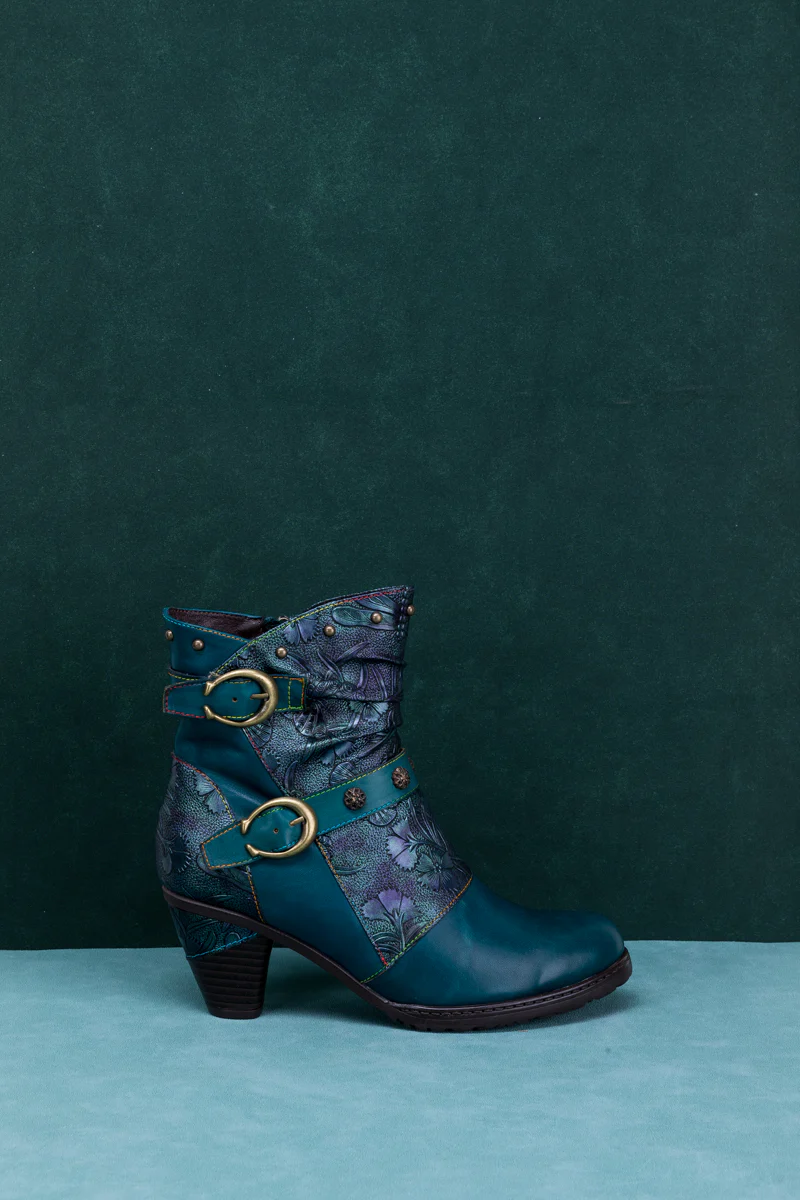 SOFFIA | FLORAL EMBOSSED BUCKLE UP LEATHER BOOTIE - TEAL - Image 11