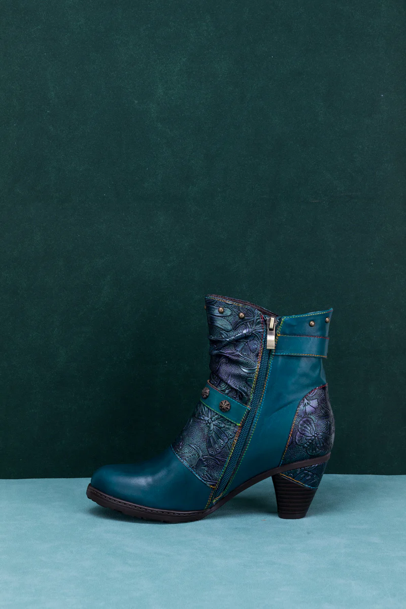 SOFFIA | FLORAL EMBOSSED BUCKLE UP LEATHER BOOTIE - TEAL - Image 12