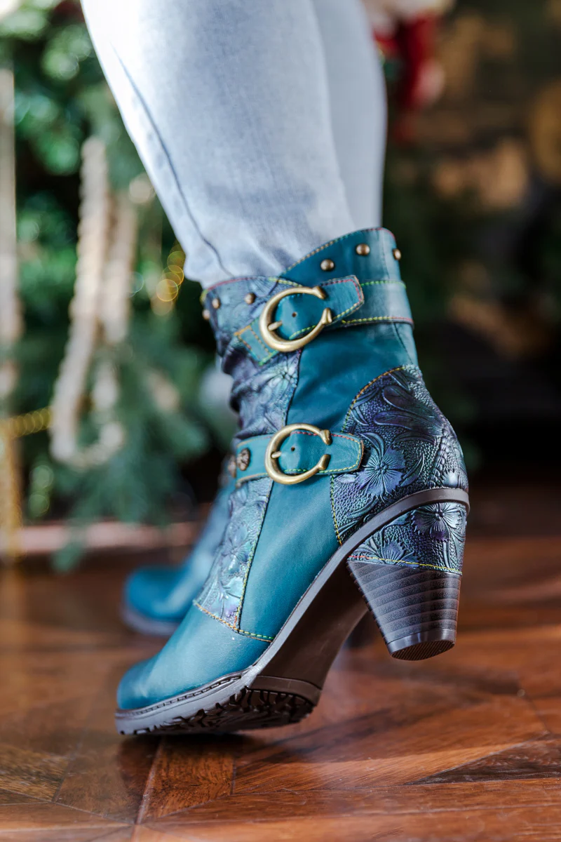 SOFFIA | FLORAL EMBOSSED BUCKLE UP LEATHER BOOTIE - TEAL - Image 3