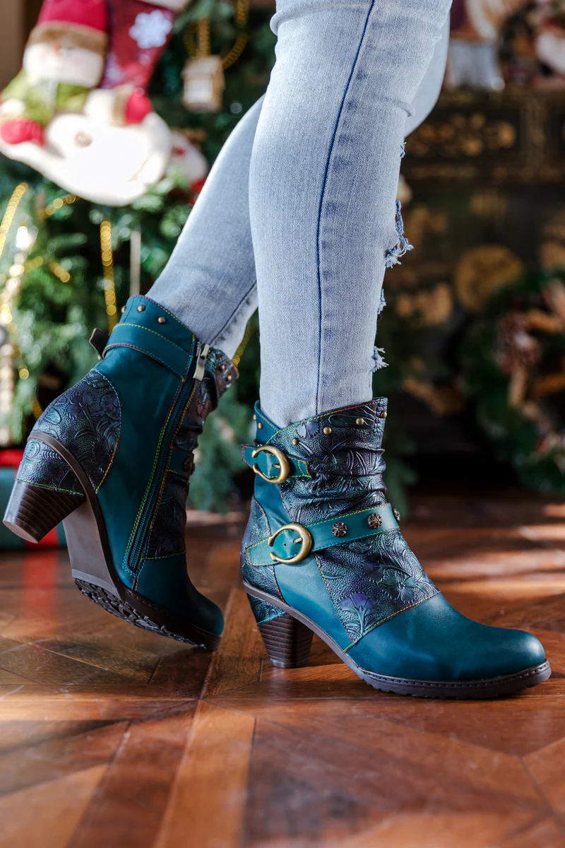 SOFFIA | FLORAL EMBOSSED BUCKLE UP LEATHER BOOTIE - TEAL - Image 4