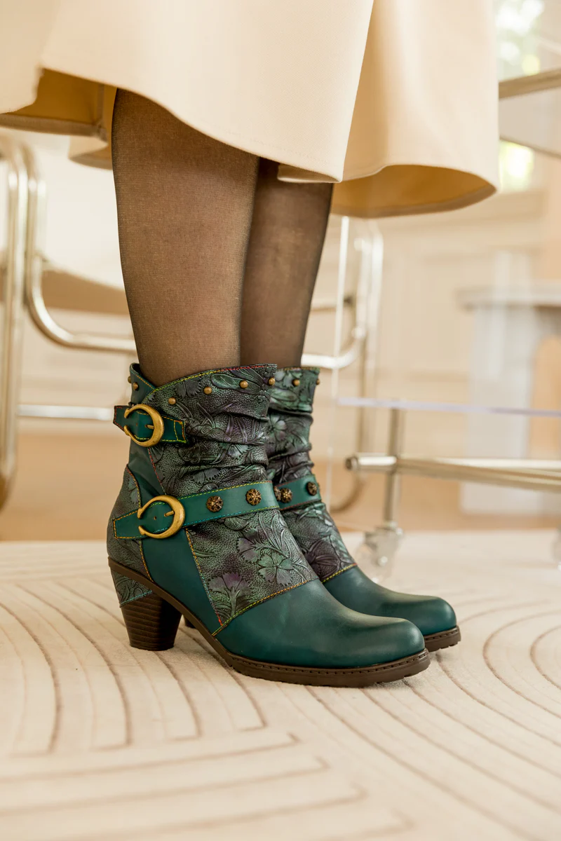 SOFFIA | FLORAL EMBOSSED BUCKLE UP LEATHER BOOTIE - TEAL - Image 5