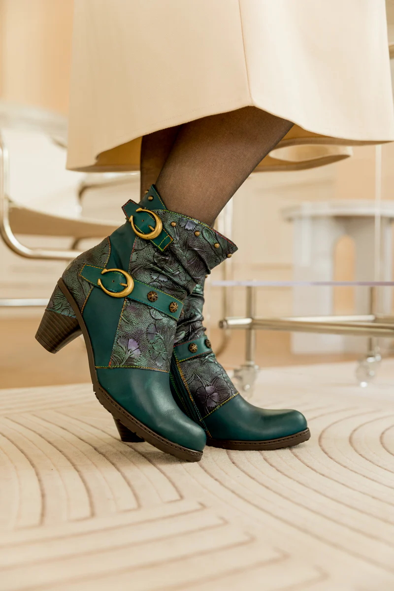SOFFIA | FLORAL EMBOSSED BUCKLE UP LEATHER BOOTIE - TEAL - Image 6