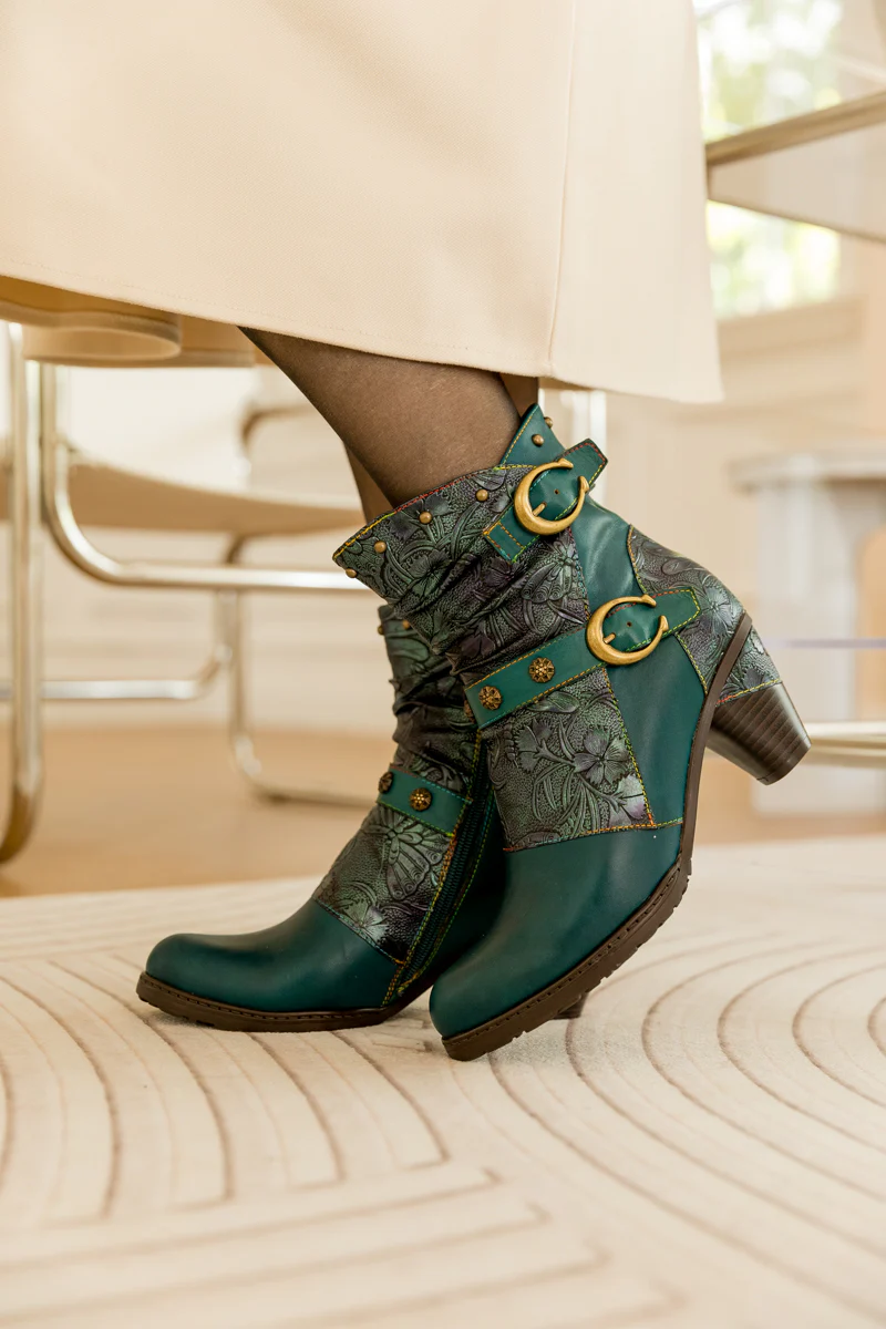 SOFFIA | FLORAL EMBOSSED BUCKLE UP LEATHER BOOTIE - TEAL - Image 8