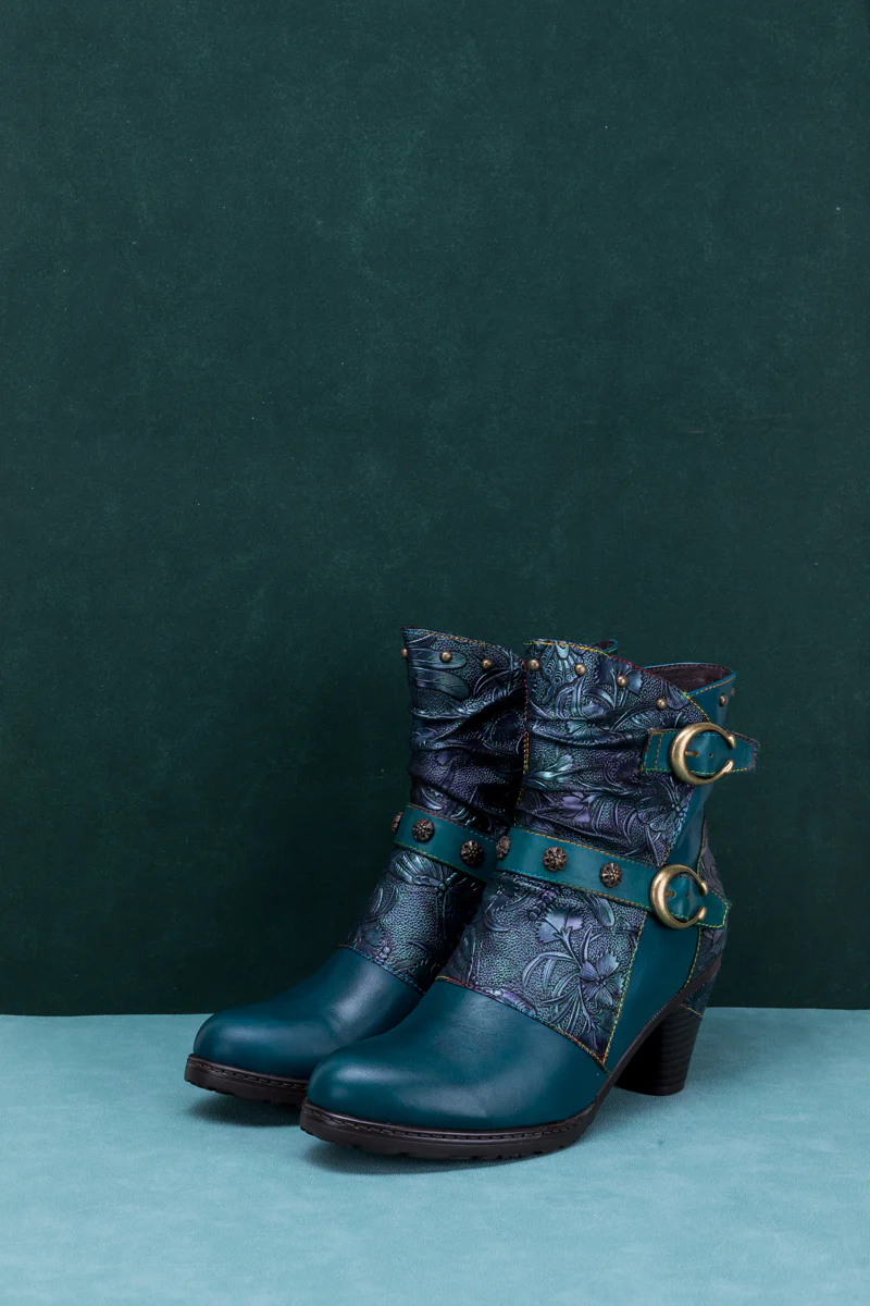 SOFFIA | FLORAL EMBOSSED BUCKLE UP LEATHER BOOTIE - TEAL - Image 9