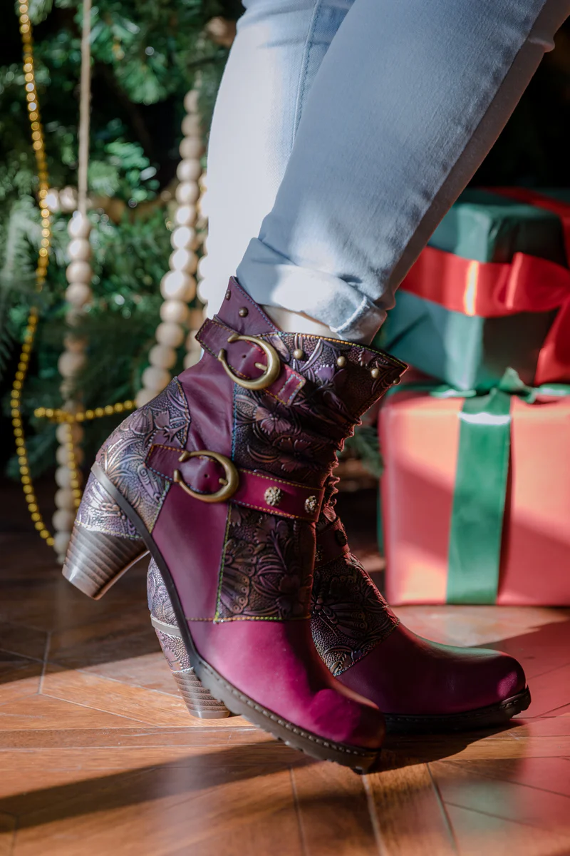 SOFFIA | FLORAL EMBOSSED BUCKLE UP LEATHER BOOTIE - VIOLET - Image 3