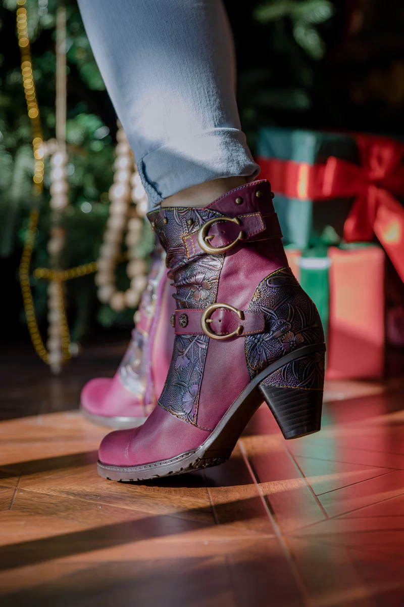 SOFFIA | FLORAL EMBOSSED BUCKLE UP LEATHER BOOTIE - VIOLET - Image 4