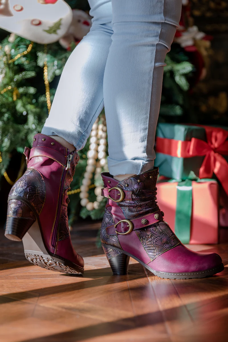 SOFFIA | FLORAL EMBOSSED BUCKLE UP LEATHER BOOTIE - VIOLET - Image 5