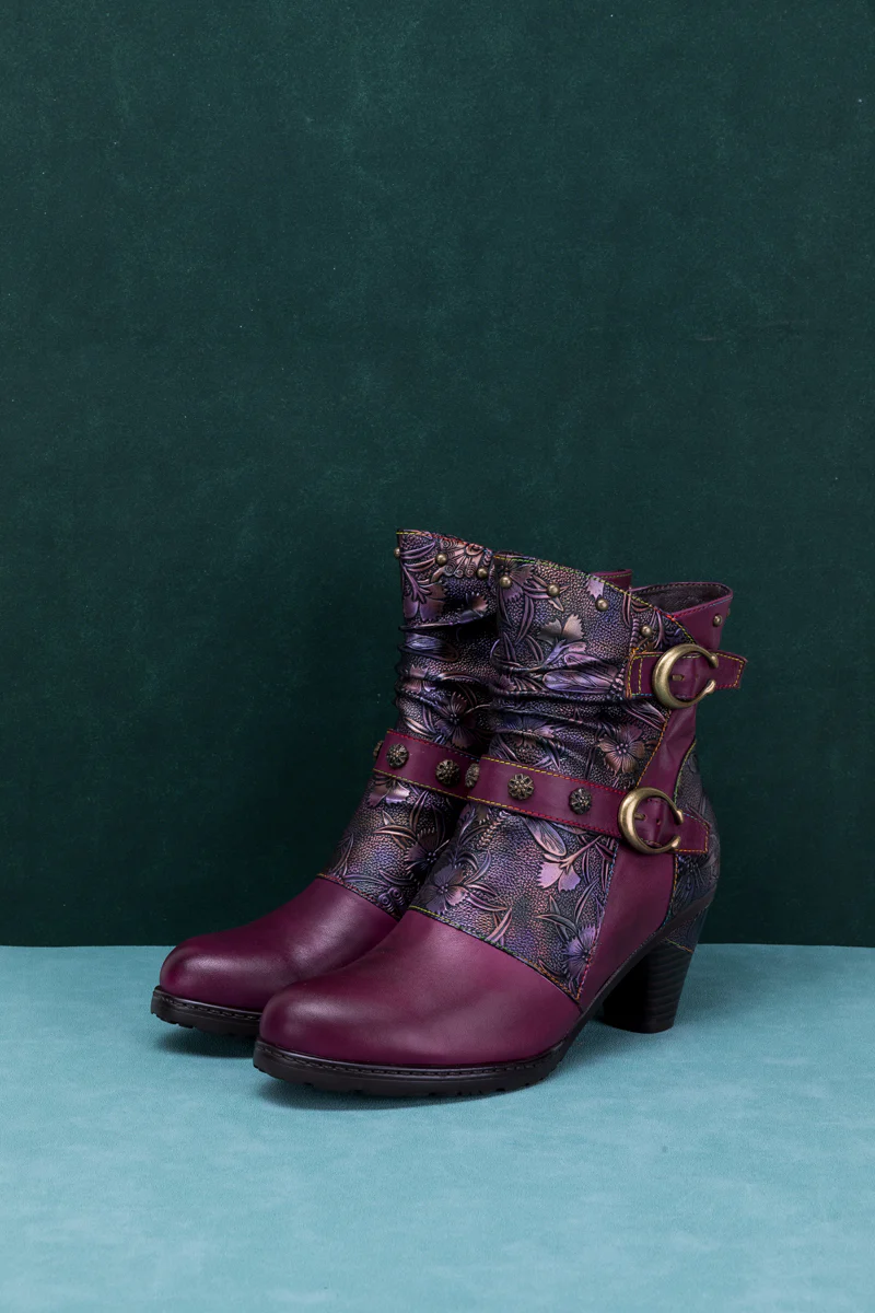 SOFFIA | FLORAL EMBOSSED BUCKLE UP LEATHER BOOTIE - VIOLET - Image 6