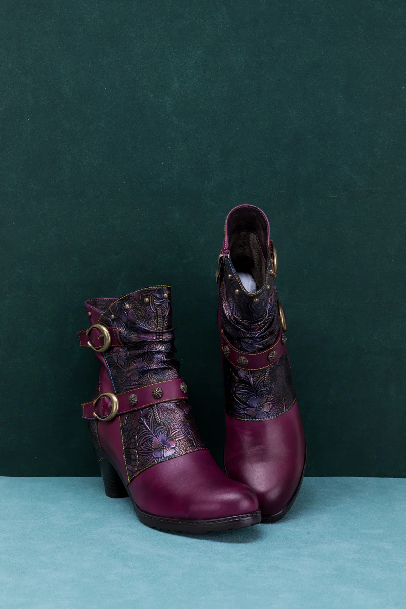 SOFFIA | FLORAL EMBOSSED BUCKLE UP LEATHER BOOTIE - VIOLET - Image 7