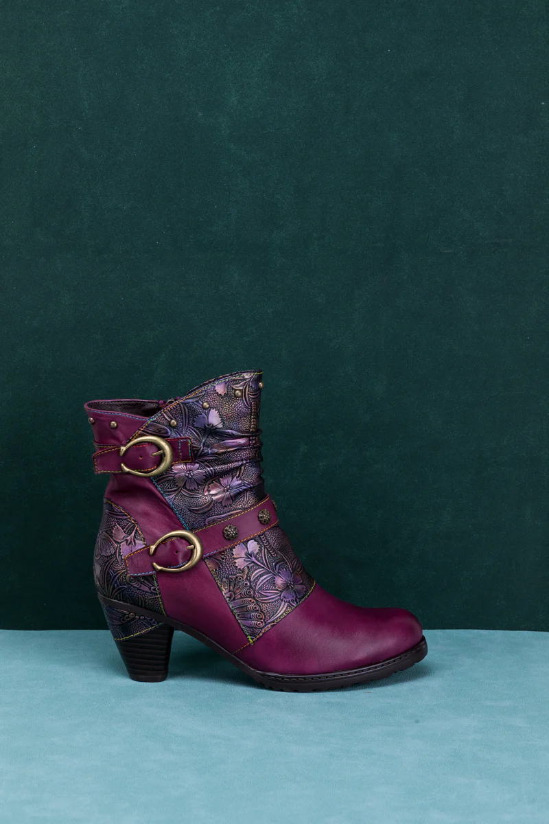SOFFIA | FLORAL EMBOSSED BUCKLE UP LEATHER BOOTIE - VIOLET - Image 8