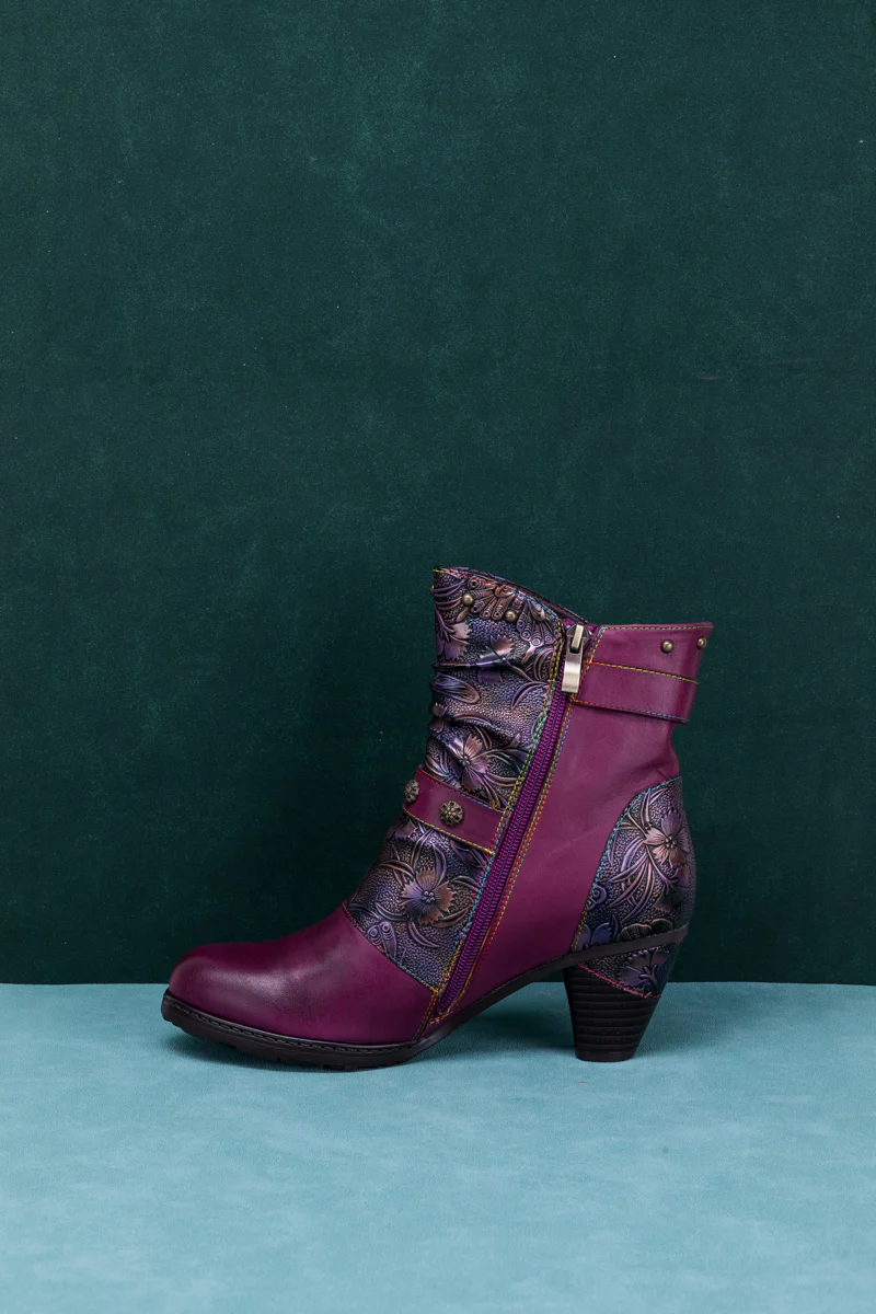 SOFFIA | FLORAL EMBOSSED BUCKLE UP LEATHER BOOTIE - VIOLET - Image 9