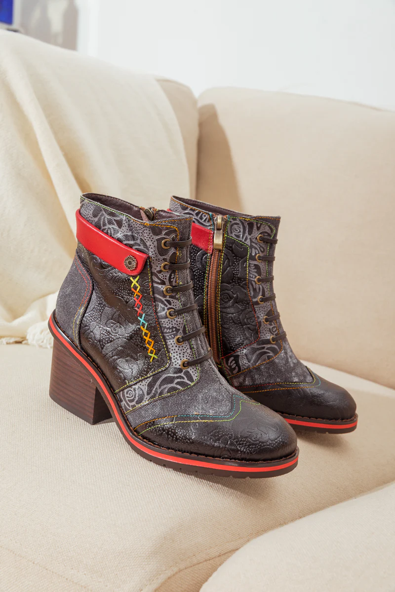 SOFFIA | FLORAL EMBOSSED LEATHER COMBAT BOOT - Image 10