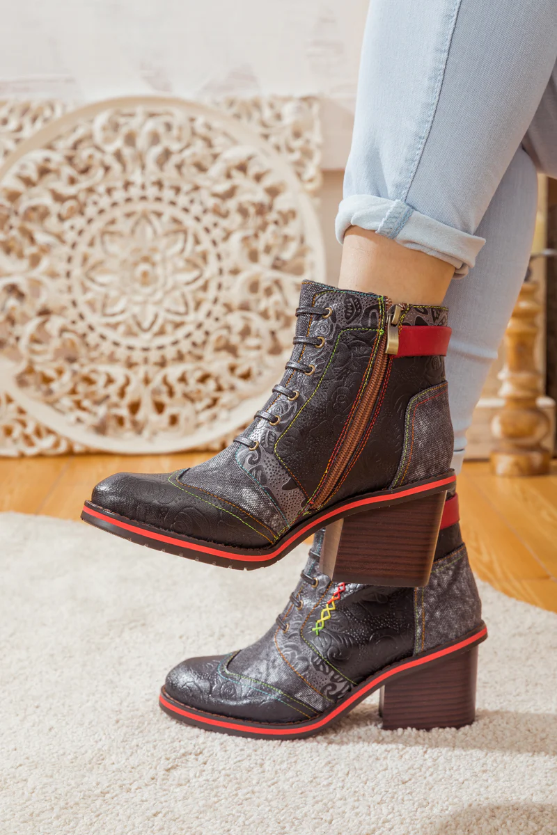 SOFFIA | FLORAL EMBOSSED LEATHER COMBAT BOOT - Image 5