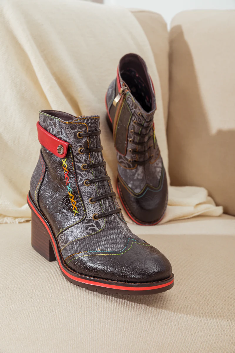 SOFFIA | FLORAL EMBOSSED LEATHER COMBAT BOOT - Image 8