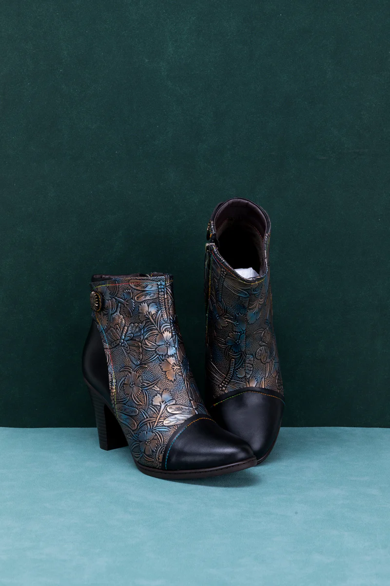 SOFFIA | FLORAL EMBOSSED METALLIC LEATHER ANKLE BOOT - BLACK - Image 10