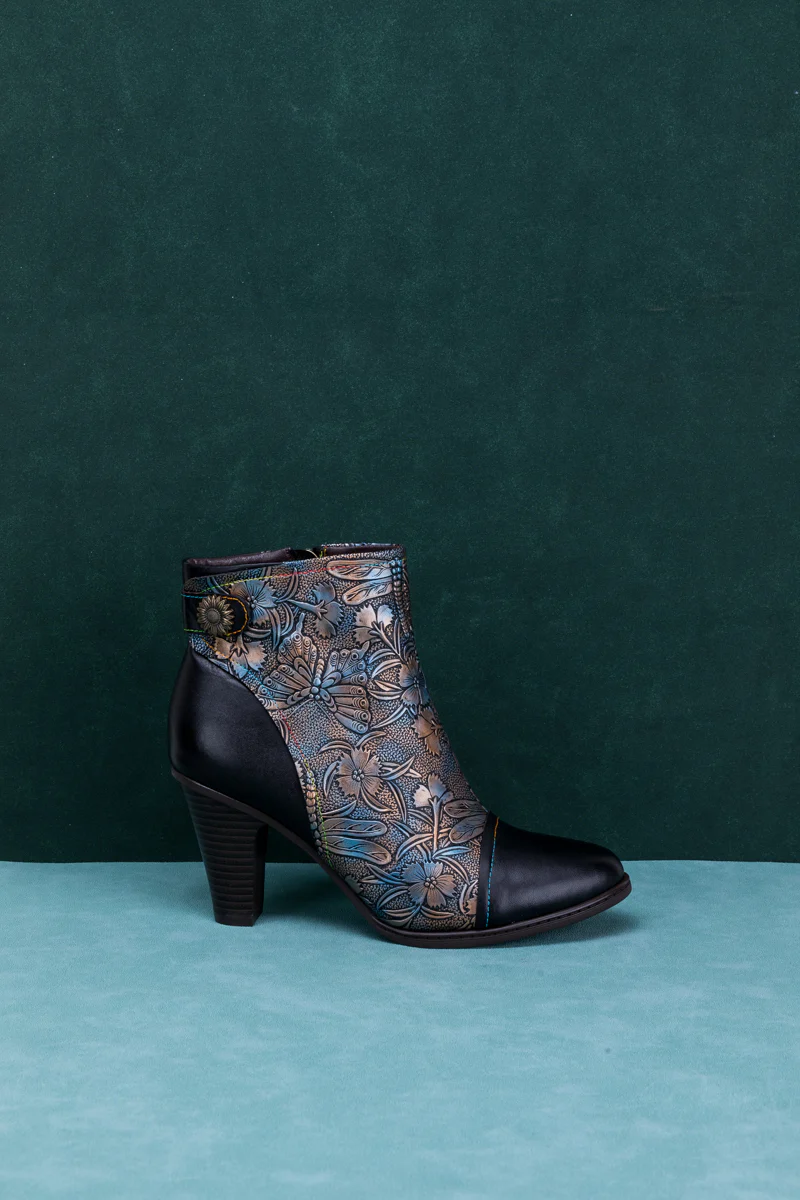SOFFIA | FLORAL EMBOSSED METALLIC LEATHER ANKLE BOOT - BLACK - Image 11