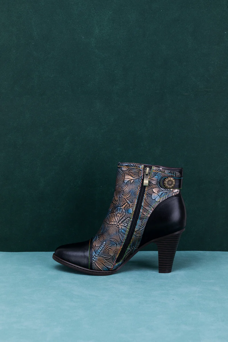 SOFFIA | FLORAL EMBOSSED METALLIC LEATHER ANKLE BOOT - BLACK - Image 12