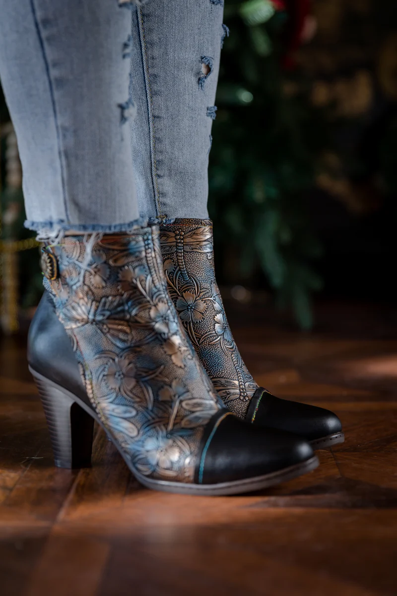 SOFFIA | FLORAL EMBOSSED METALLIC LEATHER ANKLE BOOT - BLACK - Image 3