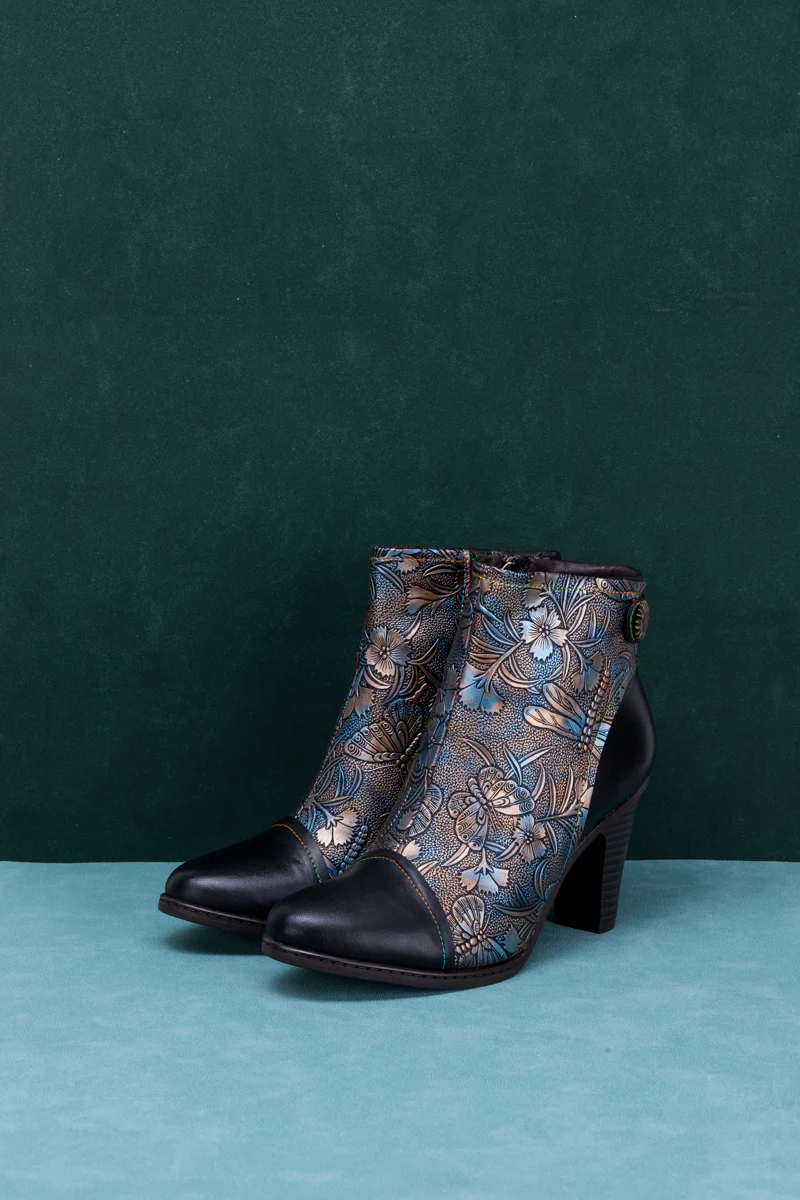 SOFFIA | FLORAL EMBOSSED METALLIC LEATHER ANKLE BOOT - BLACK - Image 9