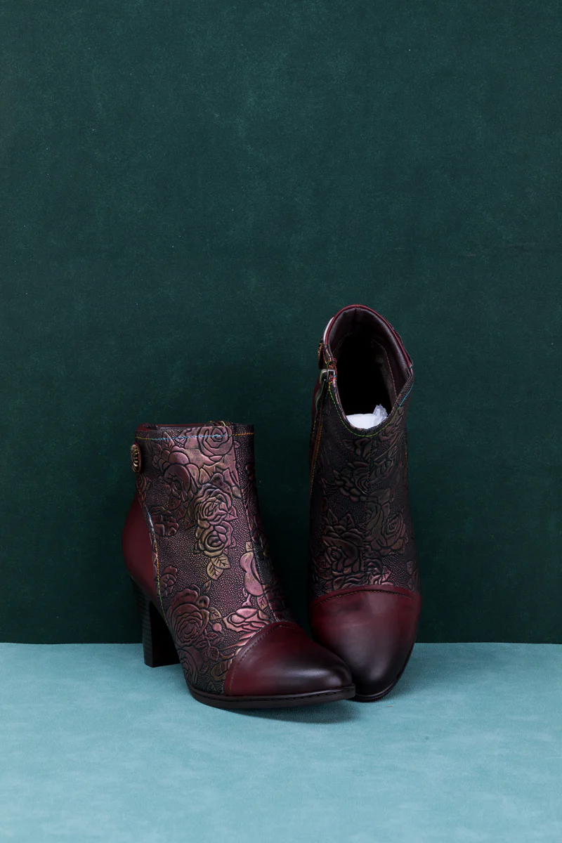 SOFFIA | FLORAL EMBOSSED METALLIC LEATHER ANKLE BOOT - CLARET - Image 10