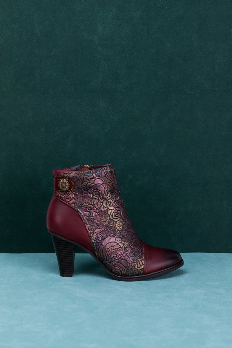 SOFFIA | FLORAL EMBOSSED METALLIC LEATHER ANKLE BOOT - CLARET - Image 11