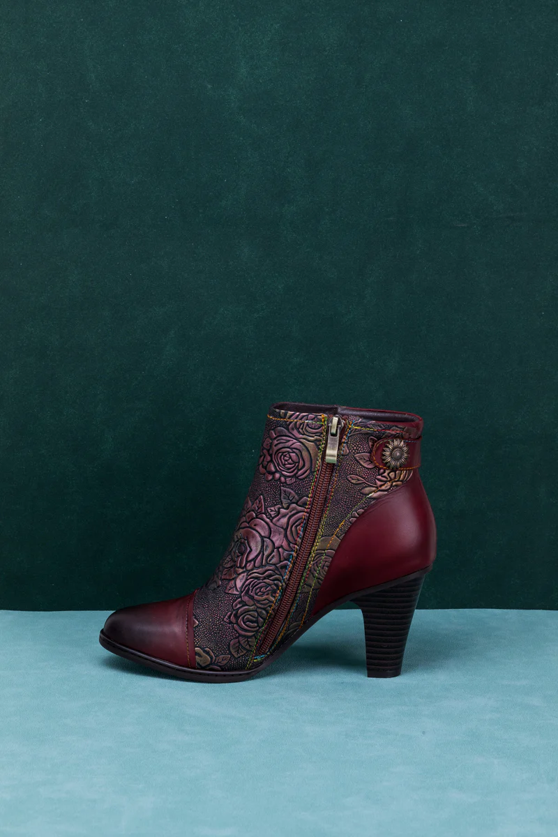 SOFFIA | FLORAL EMBOSSED METALLIC LEATHER ANKLE BOOT - CLARET - Image 12