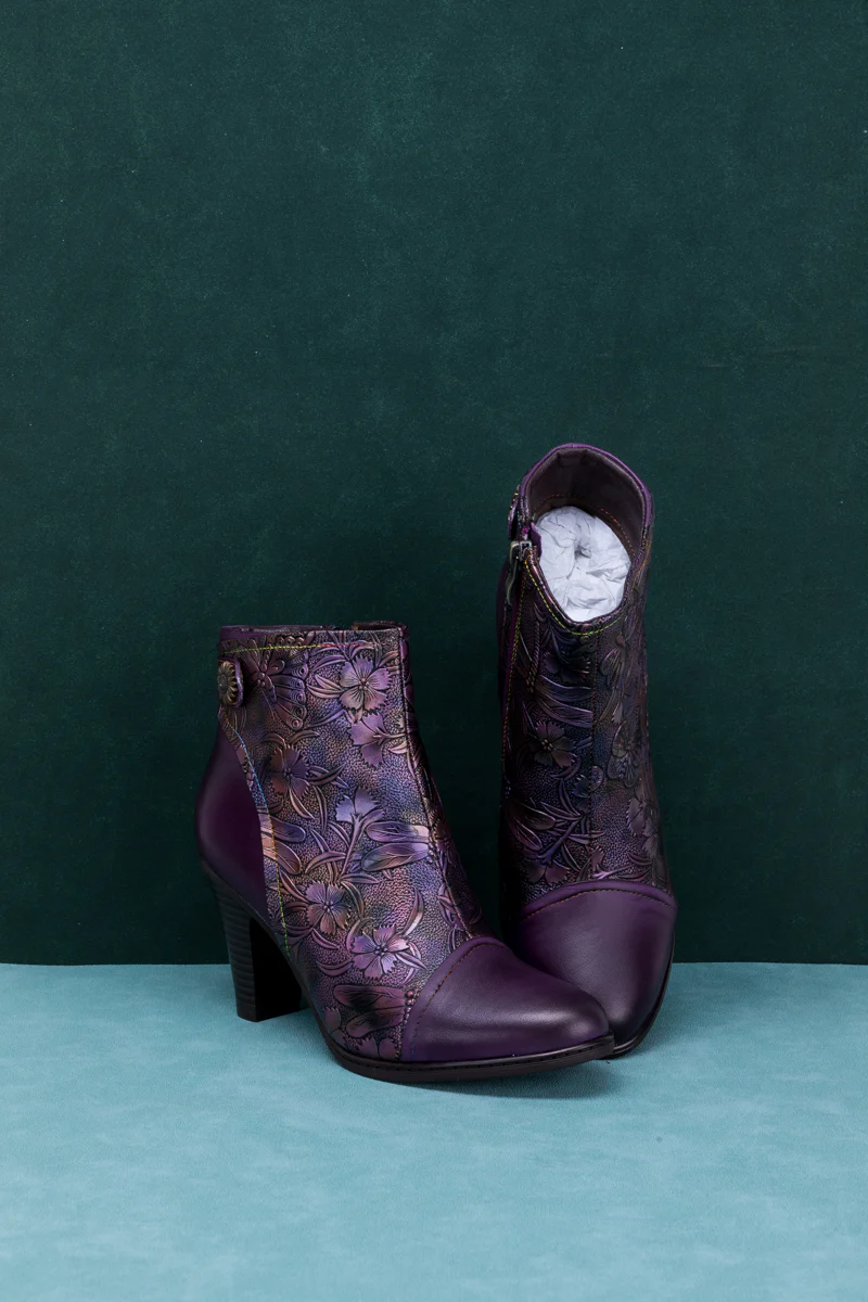 SOFFIA | FLORAL EMBOSSED METALLIC LEATHER ANKLE BOOT - PURPLE - Image 10
