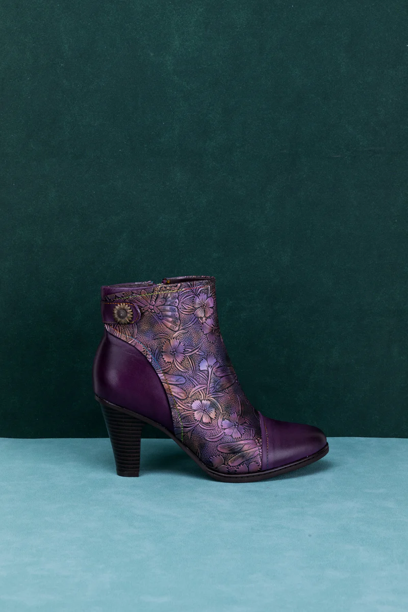 SOFFIA | FLORAL EMBOSSED METALLIC LEATHER ANKLE BOOT - PURPLE - Image 11