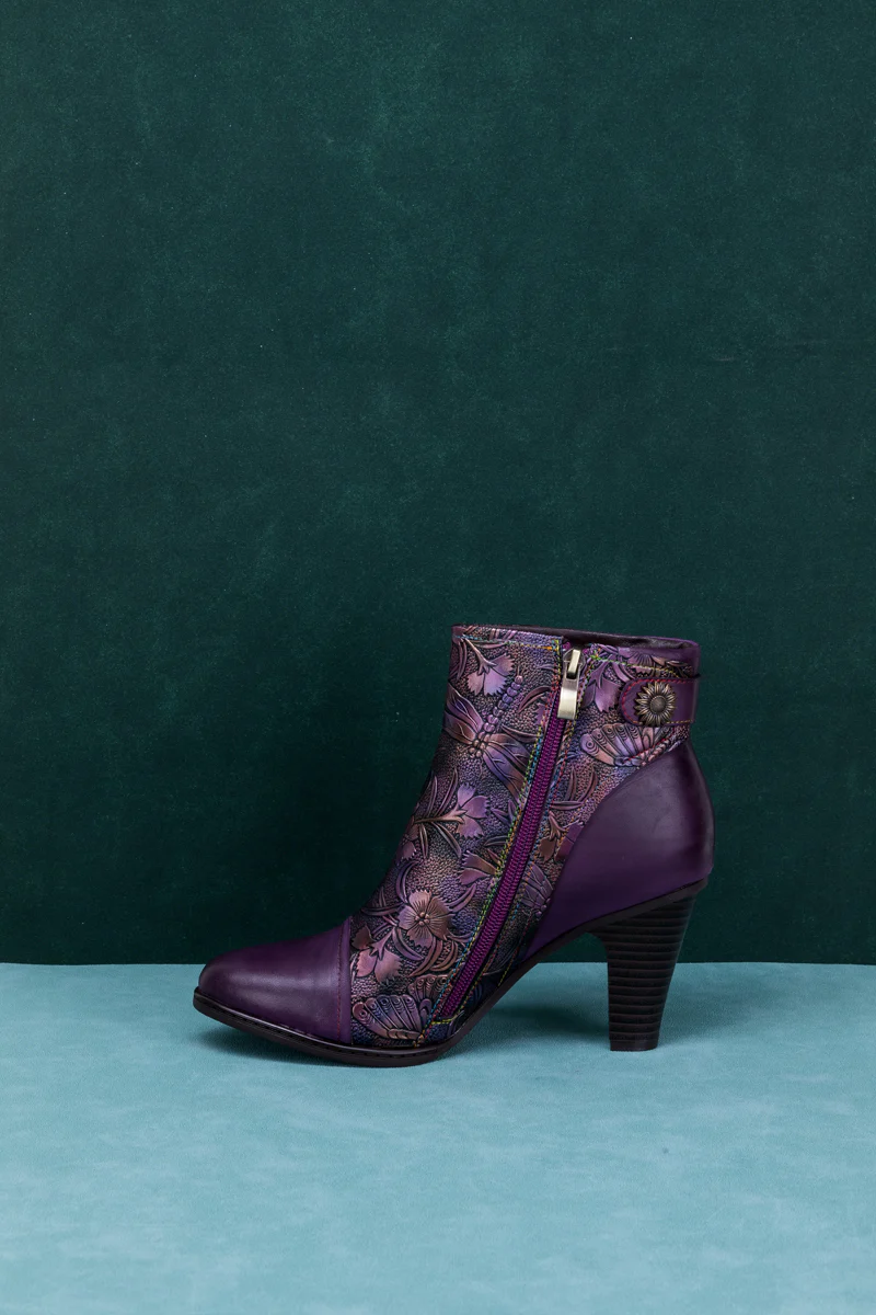 SOFFIA | FLORAL EMBOSSED METALLIC LEATHER ANKLE BOOT - PURPLE - Image 12