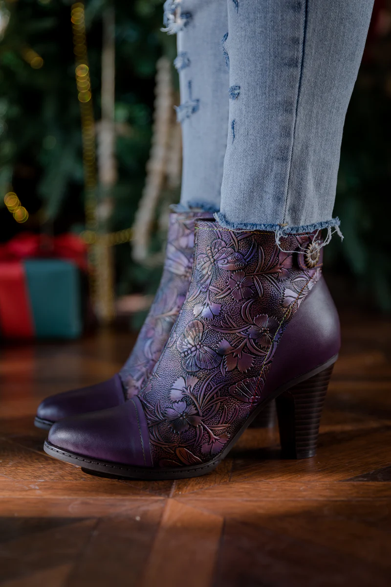 SOFFIA | FLORAL EMBOSSED METALLIC LEATHER ANKLE BOOT - PURPLE - Image 2