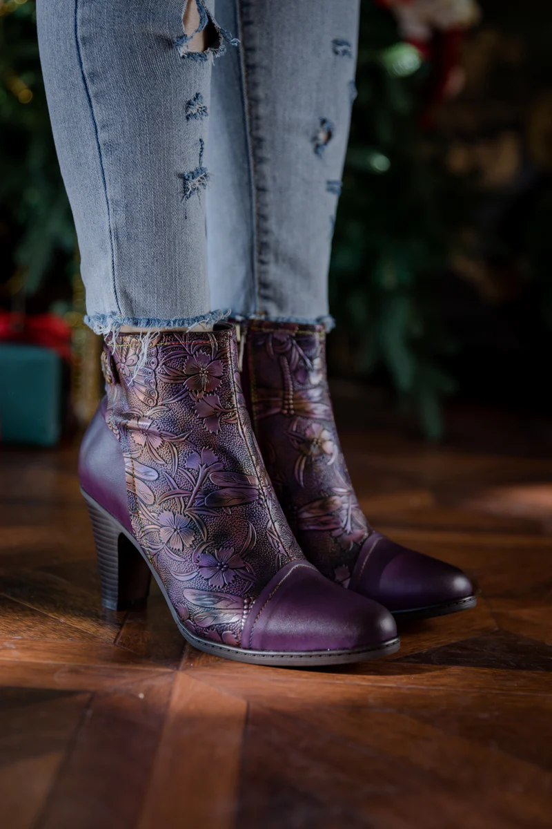 SOFFIA | FLORAL EMBOSSED METALLIC LEATHER ANKLE BOOT - PURPLE - Image 4