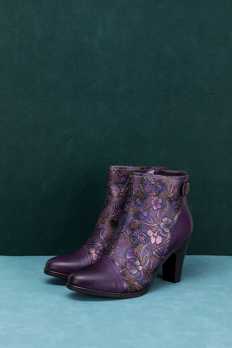SOFFIA | FLORAL EMBOSSED METALLIC LEATHER ANKLE BOOT - PURPLE - Image 9