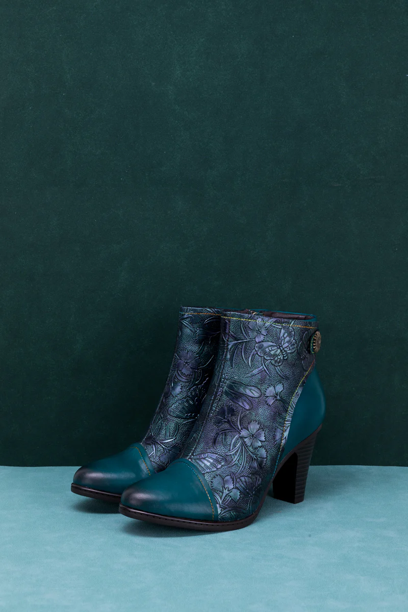 SOFFIA | FLORAL EMBOSSED METALLIC LEATHER ANKLE BOOT - TEAL - Image 6