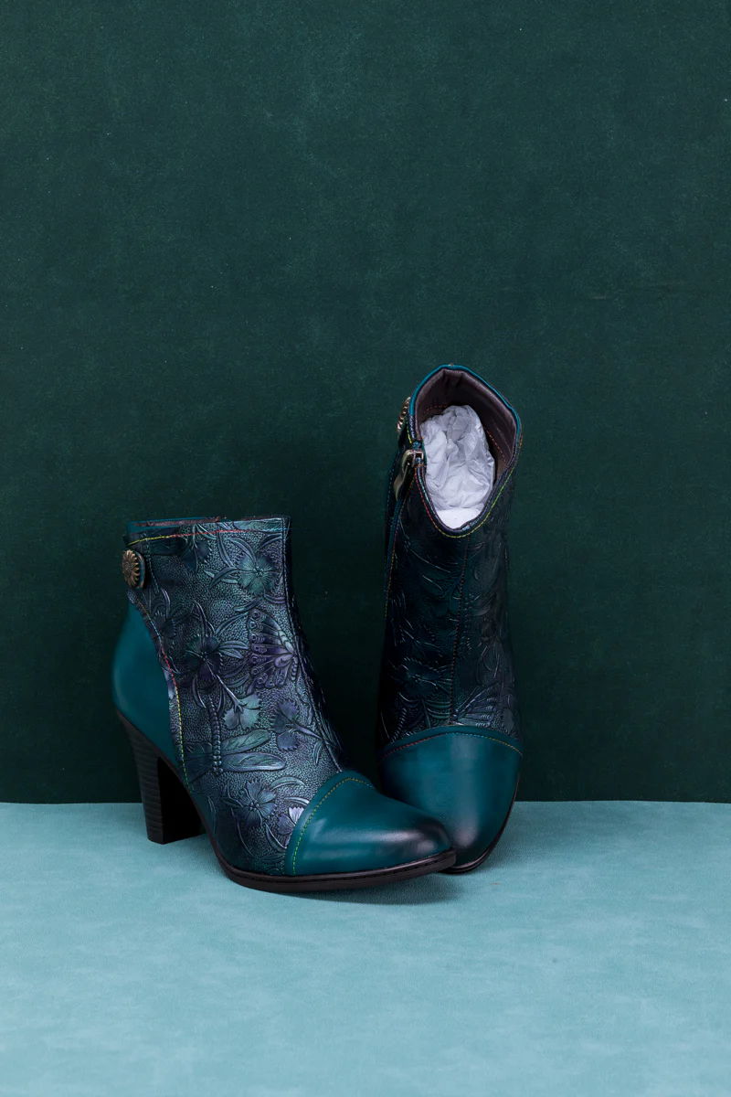 SOFFIA | FLORAL EMBOSSED METALLIC LEATHER ANKLE BOOT - TEAL - Image 7