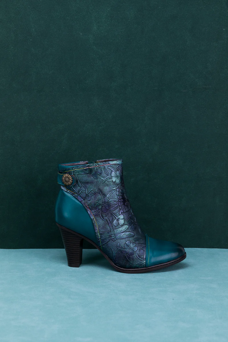 SOFFIA | FLORAL EMBOSSED METALLIC LEATHER ANKLE BOOT - TEAL - Image 8