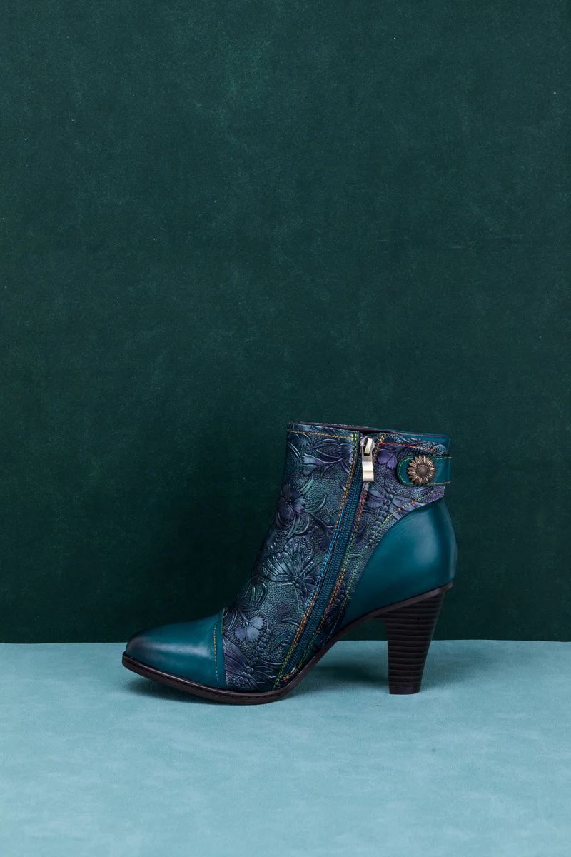 SOFFIA | FLORAL EMBOSSED METALLIC LEATHER ANKLE BOOT - TEAL - Image 9