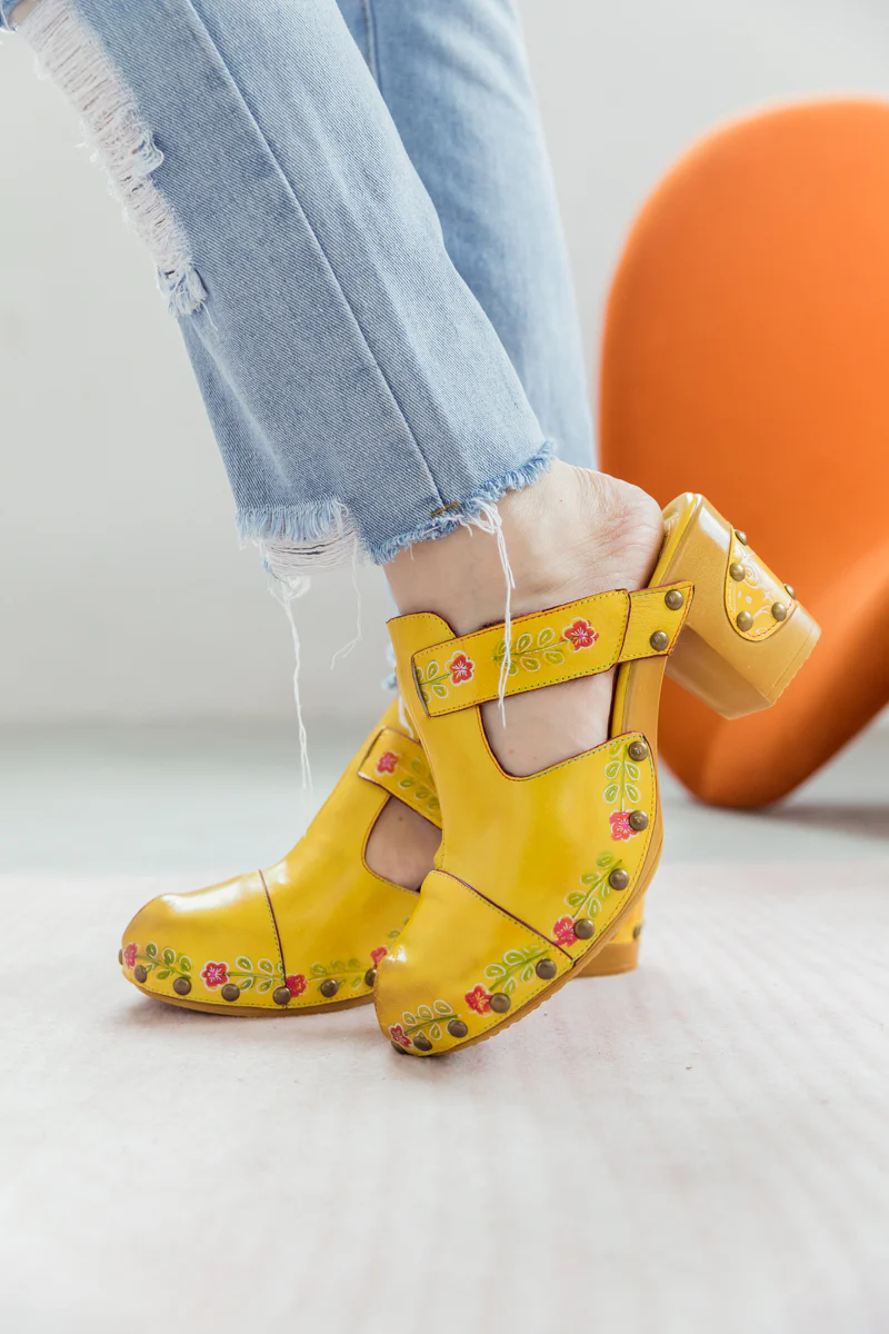 SOFFIA | FLORAL EMBOSSED YELLOW GENUINE LEATHER CLOG - Image 3