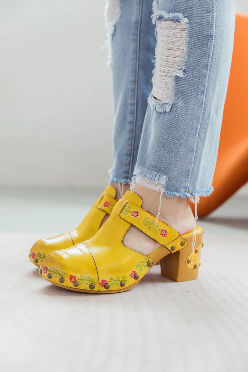 SOFFIA | FLORAL EMBOSSED YELLOW GENUINE LEATHER CLOG - Image 4