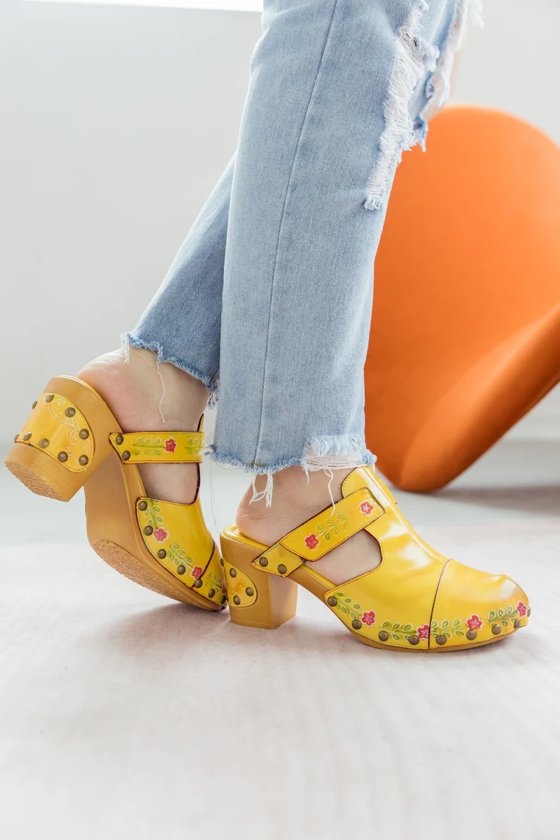 SOFFIA | FLORAL EMBOSSED YELLOW GENUINE LEATHER CLOG - Image 5