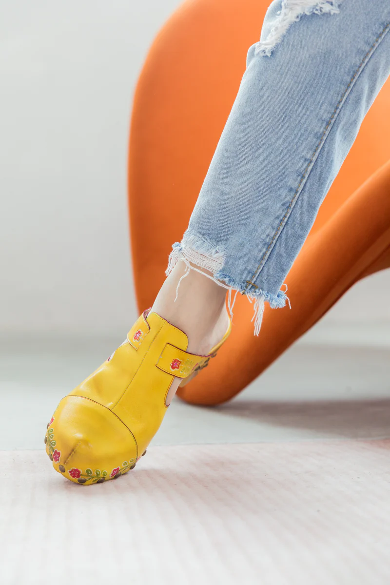 SOFFIA | FLORAL EMBOSSED YELLOW GENUINE LEATHER CLOG - Image 6