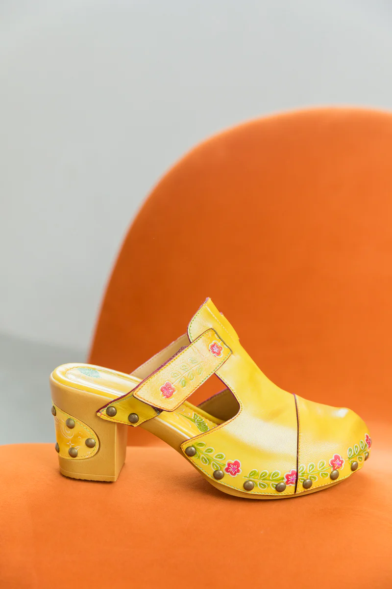 SOFFIA | FLORAL EMBOSSED YELLOW GENUINE LEATHER CLOG - Image 7