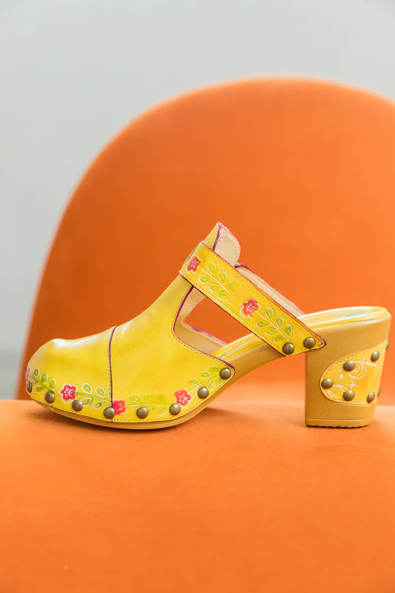 SOFFIA | FLORAL EMBOSSED YELLOW GENUINE LEATHER CLOG - Image 8