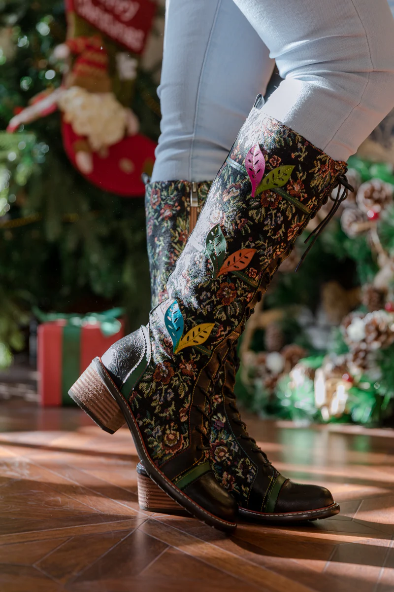 SOFFIA | FLORAL PATCHWORK APPLIQUE LEATHER CANVAS BOOT - Image 3