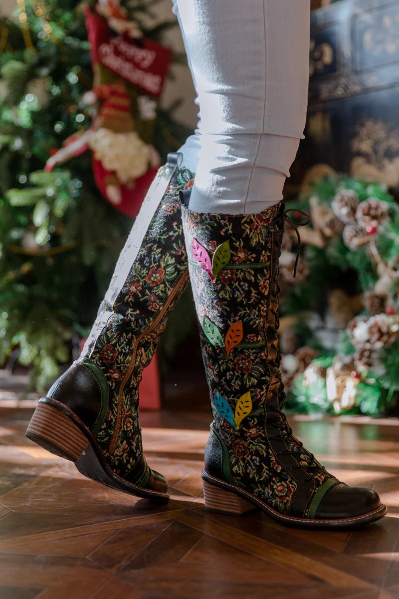 SOFFIA | FLORAL PATCHWORK APPLIQUE LEATHER CANVAS BOOT - Image 5