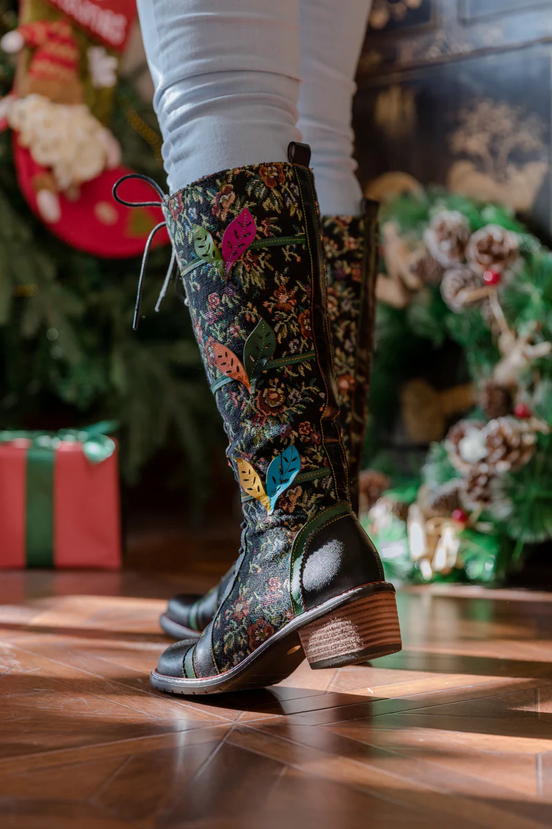 SOFFIA | FLORAL PATCHWORK APPLIQUE LEATHER CANVAS BOOT - Image 6
