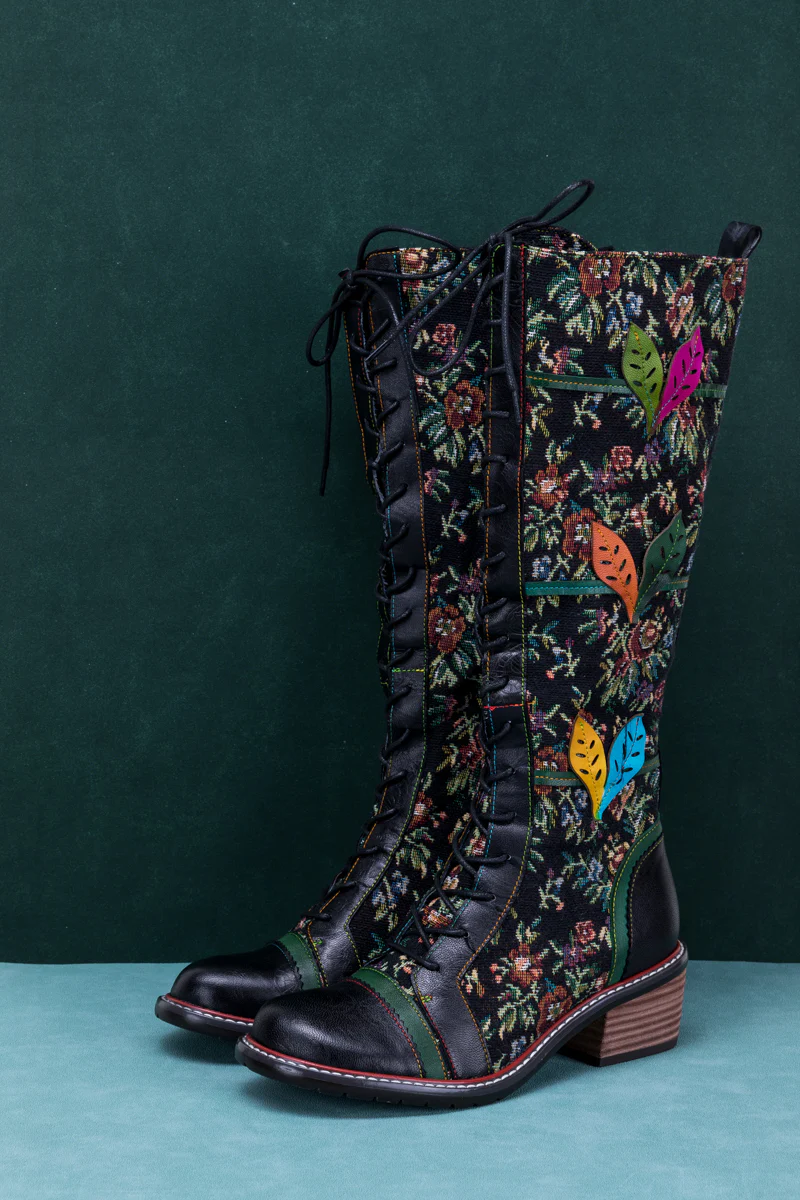 SOFFIA | FLORAL PATCHWORK APPLIQUE LEATHER CANVAS BOOT - Image 7