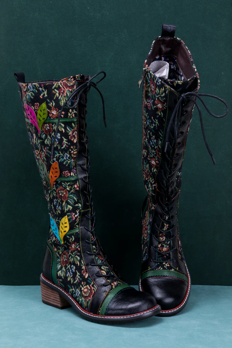 SOFFIA | FLORAL PATCHWORK APPLIQUE LEATHER CANVAS BOOT - Image 8